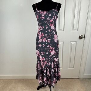 Petal & Pup Ashton Pleated Hem Midi Slip Dress Floral Strappy Black Pink Size S
